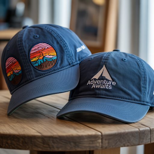 A side-by-side comparison of hat with print and a patch.