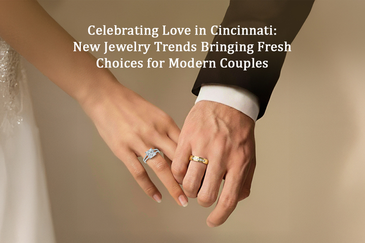 Couple wearing lab grown diamond jewelry, featuring a diamond engagement ring and a men's gold wedding band.